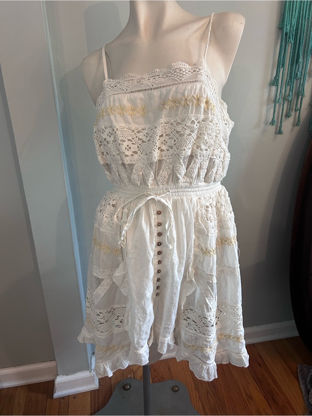 Free people White Lace Tiered Sundress cream Embroidery with built in body suit